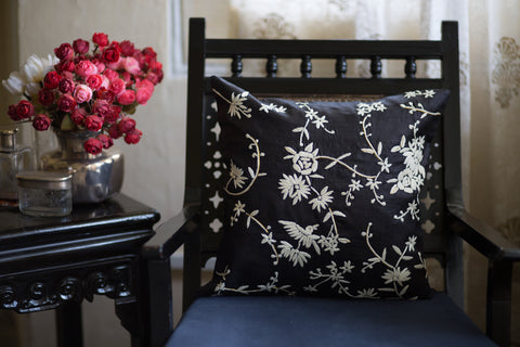 Hand Embroidered Silk (Black) | Chinese Floral (Cream)