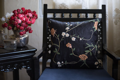 Hand Embroidered Silk (Black) | Floral Multi